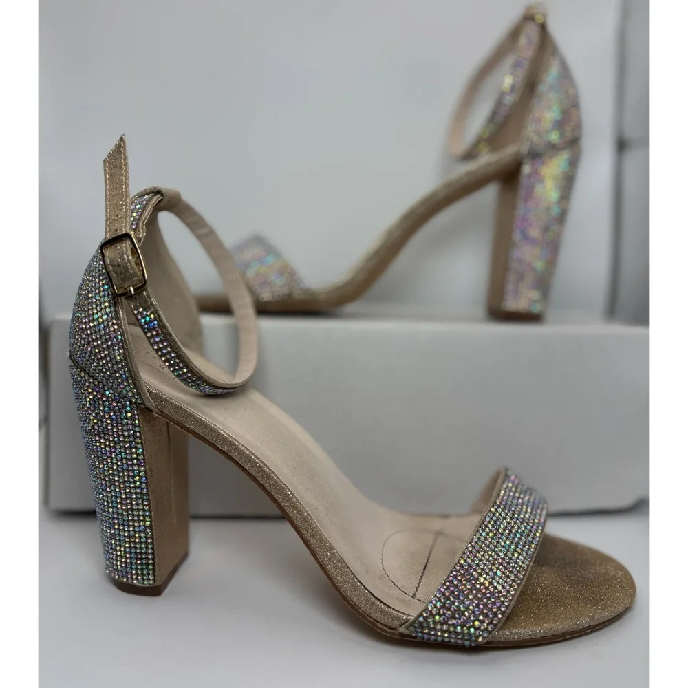 DB Studio Britt Block Heel Sandals Size‎ 9M Gold Glitter Rhinestone Ankle Strap